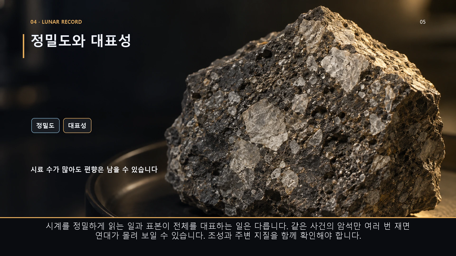 정밀도와 대표성. 시계를 정밀하게 읽는 일과 표본이 전체를 대표하는 일은 다릅니다. 같은 사건의 암석만 여러 번 재면 연대가 몰려 보일 수 있습니다. 조성과 주변 지질을 함께 확인해야 합니다.
