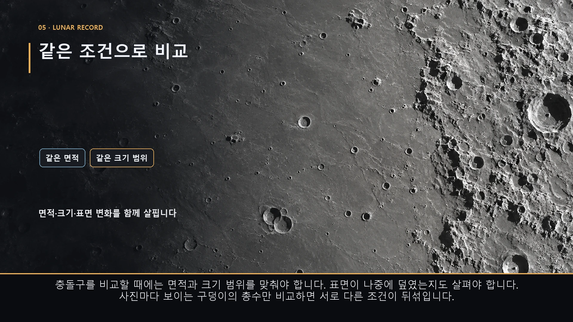 같은 조건으로 비교. 충돌구를 비교할 때에는 면적과 크기 범위를 맞춰야 합니다. 표면이 나중에 덮였는지도 살펴야 합니다. 사진마다 보이는 구덩이의 총수만 비교하면 서로 다른 조건이 뒤섞입니다.