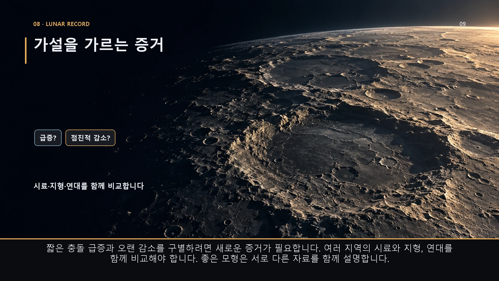 가설을 가르는 증거. 짧은 충돌 급증과 오랜 감소를 구별하려면 새로운 증거가 필요합니다. 여러 지역의 시료와 지형, 연대를 함께 비교해야 합니다. 좋은 모형은 서로 다른 자료를 함께 설명합니다.